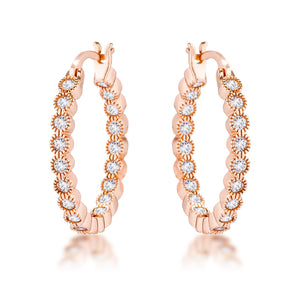 Rose Gold Plated Dotted Clear CZ Round Bezel Hoop Earrings