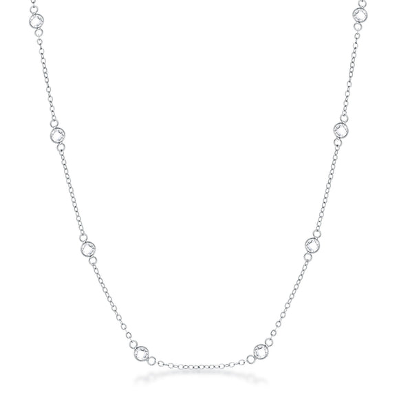 16 Rhodium Plated Clear CZ Round Bezel Saturn Necklace