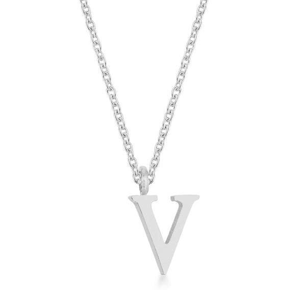 Elaina Rhodium Stainless Steel V Initial Necklace