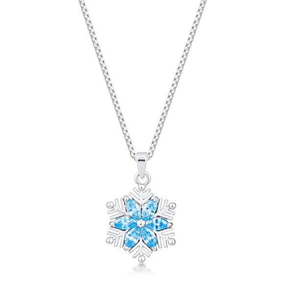 Rhodium Plated Brilliant Marquise Aqua Blue Snowflake Pendant